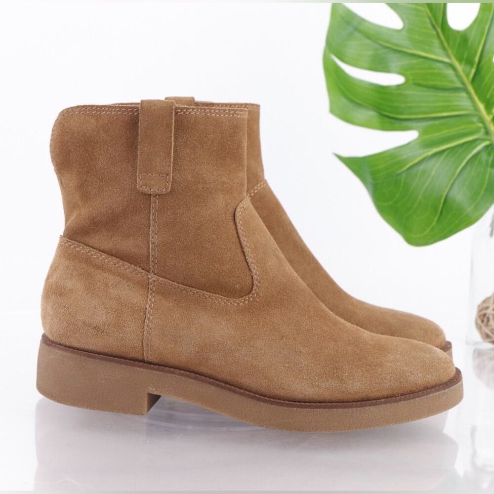 Lucky Brand Rhetty Brown Suede Ankle Boots Women’s 8.5 Slip-On Stacked Heel NEW